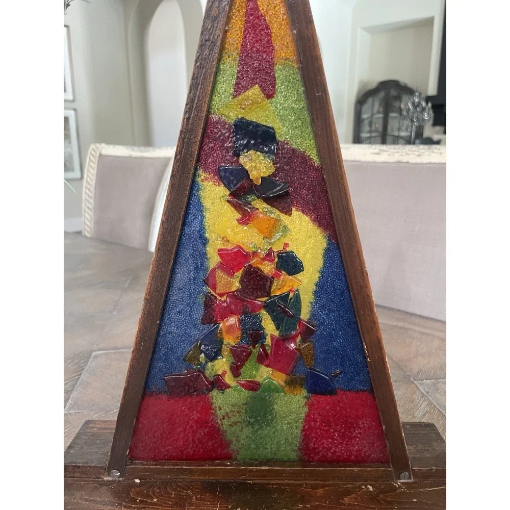 Vtg Mid Century Modern Pyramid Stained Glass Lucite Christmas Tree Lamp MCM